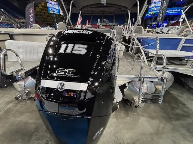 Slide: The Image of 2025 Barletta ARIA 22UC with Mercury 115 outboard engine at a boat show. - 14