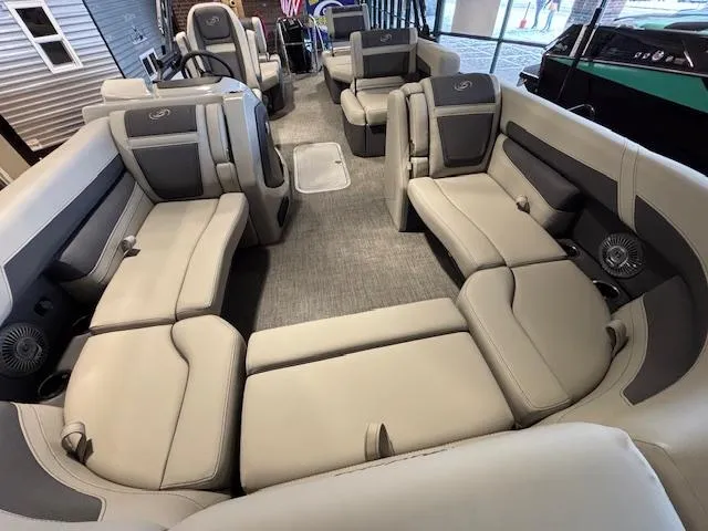 Slide: The Image of 2025 Barletta Cabrio 22M pontoon boat interior with spacious seating and modern design. - 3