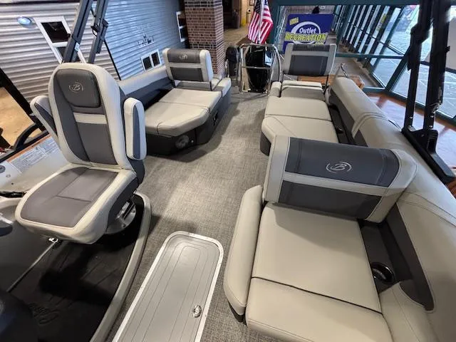 Slide: The Image of 2025 Barletta Cabrio 22M pontoon boat interior with spacious seating and modern design. - 8