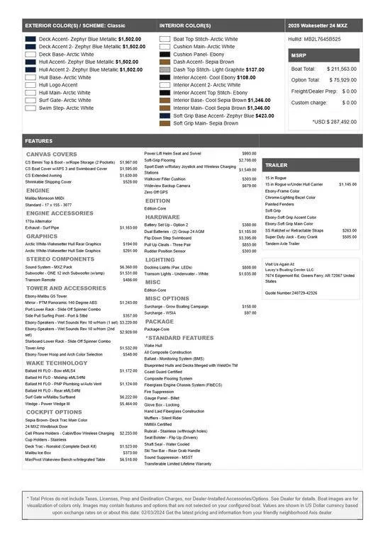 Slide: The Image of 2025 Malibu 24 MXZ boat specifications and features list with pricing details. - 22