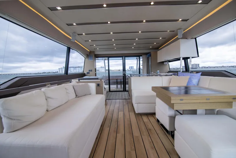 Slide: The Image of Luxurious interior of 2018 Prestige 680 Flybridge yacht with elegant seating and wooden flooring. - 10