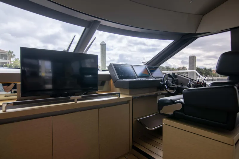 Slide: The Image of Interior of 2018 Prestige 680 Flybridge yacht with modern helm and TV. - 19