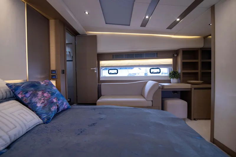 Slide: The Image of Luxurious interior of 2018 Prestige 680 Flybridge yacht with elegant bedroom design. - 23
