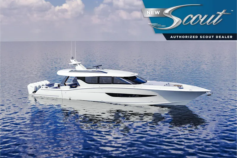 The Image of 2025 Scout 670 LXS luxury yacht on calm ocean waters, under a clear sky. - 0