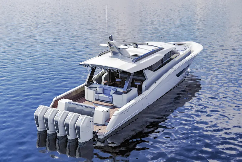 Slide: The Image of 2025 Scout 670 LXS luxury boat on calm water, rear view. - 3