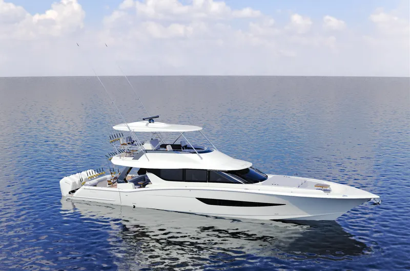 Slide: The Image of 2025 Scout 670 LXS luxury yacht on calm ocean waters. - 8