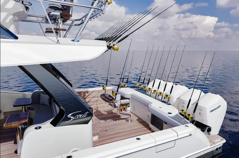 Slide: The Image of 2025 Scout 670 LXS boat with fishing rods and Mercury engines on open sea. - 10
