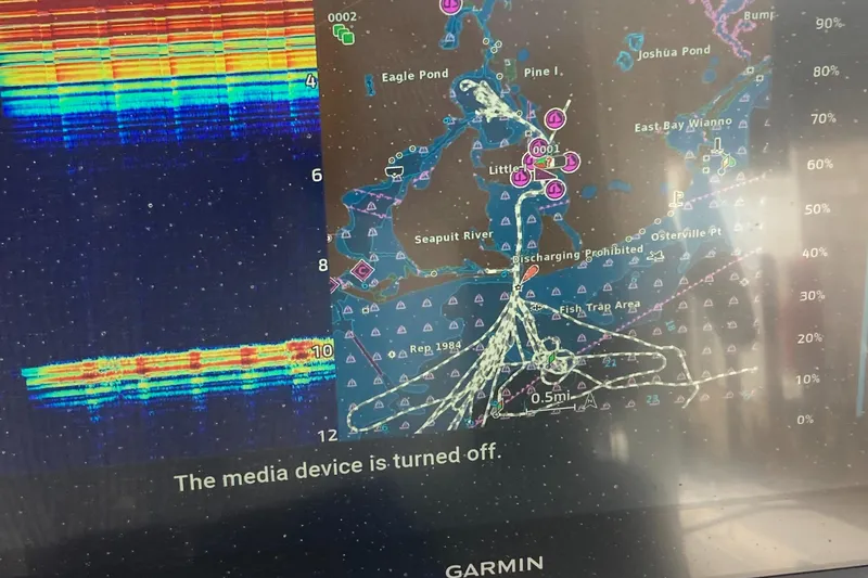 Slide: The Image of Garmin marine navigation display on 2024 Regulator 30XO boat, showing sonar and map data. - 21
