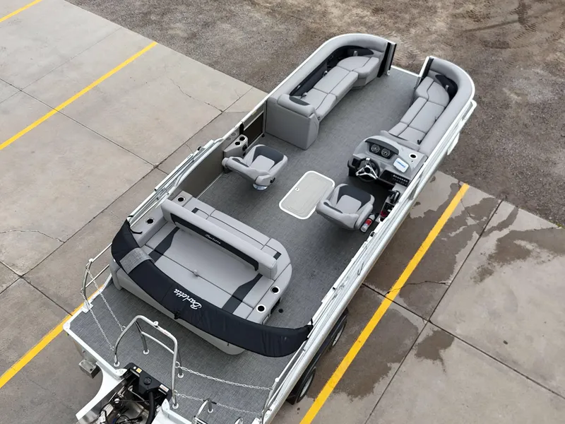 Slide: The Image of 2025 Barletta Aria 24UC pontoon boat with spacious seating and modern design. - 4