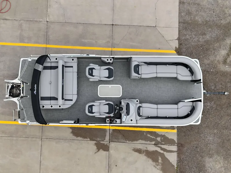 Slide: The Image of 2025 Barletta Aria 24UC pontoon boat, aerial view, spacious seating, modern design. - 5