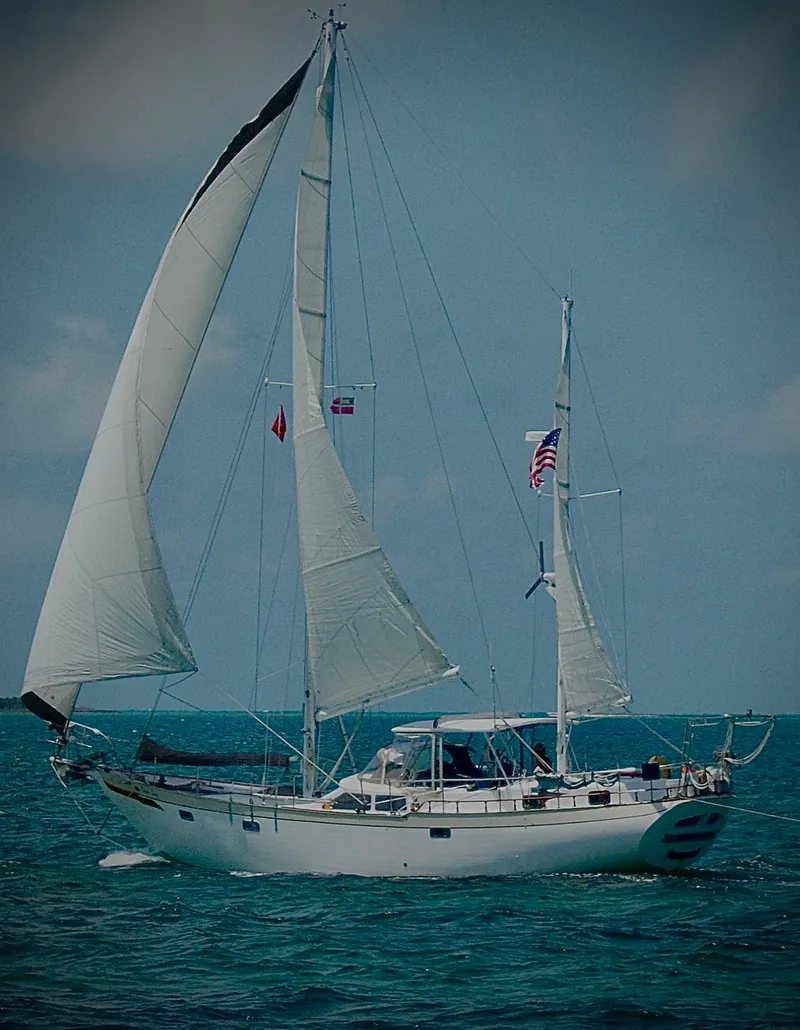 The Image of 1981 Hardin Voyager 45 Ketch sailing on open sea with full sails. - 0
