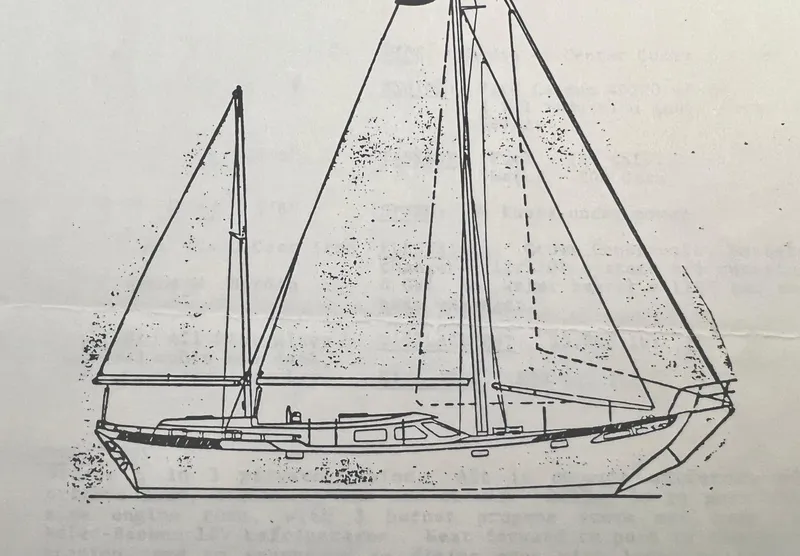 Slide: The Image of Line drawing of a 1981 Hardin Voyager 45 Ketch sailboat, side view. - 3