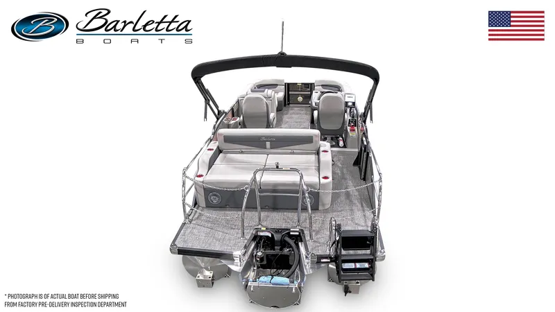 Slide: The Image of 2025 Barletta Cabrio 22UC pontoon boat, rear view, with seating and motor, American flag. - 3