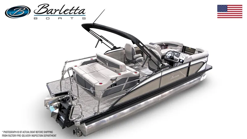 Slide: The Image of 2025 Barletta Cabrio 22UC pontoon boat, sleek design, luxury seating, American flag. - 4