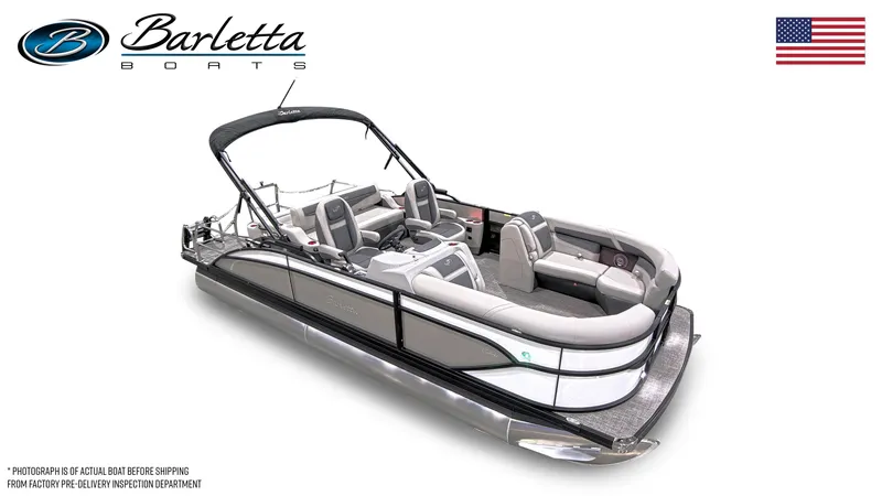 Slide: The Image of 2025 Barletta Cabrio 22UC pontoon boat with sleek design and spacious seating. - 5