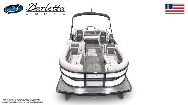 Slide: The Image of 2025 Barletta Cabrio 22UC pontoon boat, spacious seating, sleek design, American flag. - 6