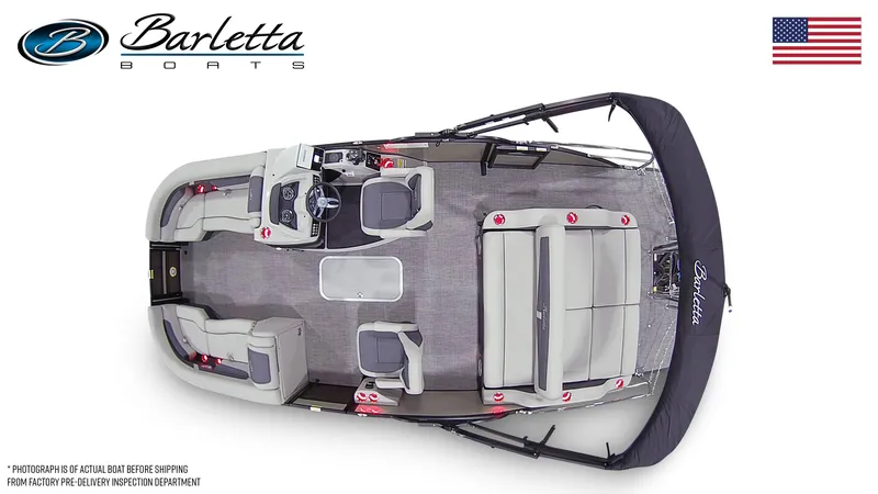 Slide: The Image of 2025 Barletta Cabrio 22UC pontoon boat, top view, showcasing spacious seating and modern design. - 7