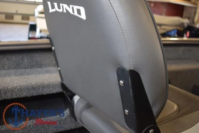 Slide: The Image of Lund 1675 Adventure Sport 2022 boat seat with logo, Thayer's Marine branding visible. - 31