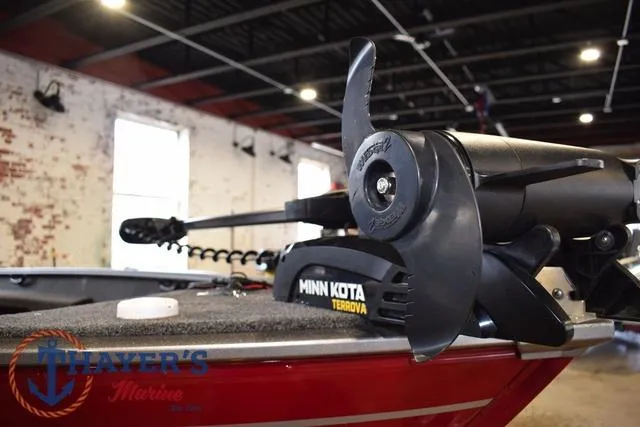 Slide: The Image of Minn Kota Terrova motor on 2022 Lund 1675 Adventure Sport boat indoors. - 6