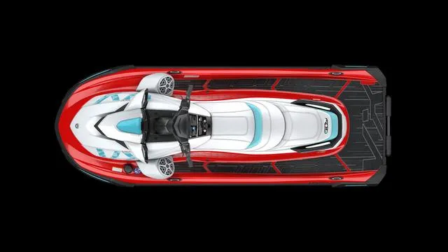 Slide: The Image of 2025 Yamaha Waverunners VX Limited, top view, red and white design on black background. - 10