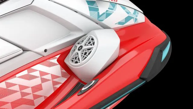 Slide: The Image of 2025 Yamaha Waverunner VX Limited, red and white design, featuring a mounted speaker. - 11