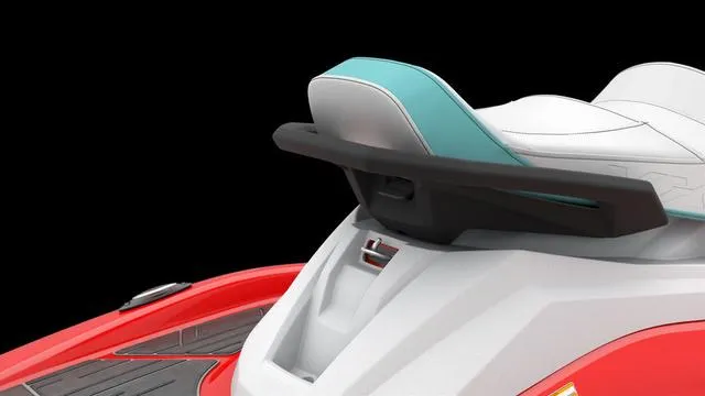 Slide: The Image of 2025 Yamaha Waverunners VX Limited, red and white seat detail, black background. - 12
