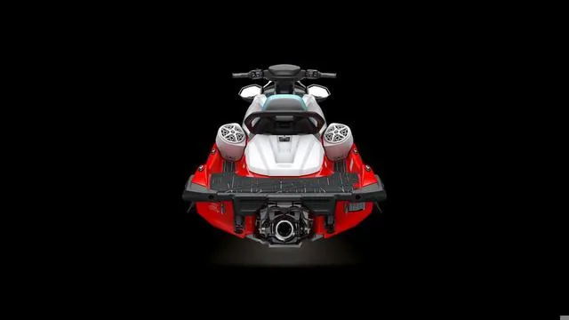 Slide: The Image of 2025 Yamaha Waverunner VX Limited, rear view, red and white design, black background. - 4