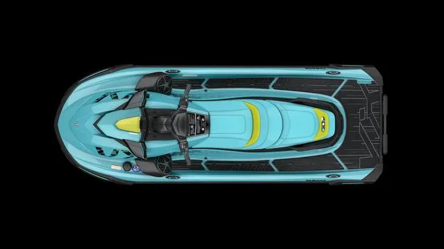 Slide: The Image of 2025 Yamaha Waverunner VX Limited HO, top view, sleek turquoise design. - 10
