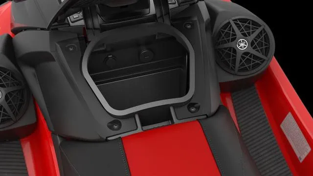 Slide: The Image of 2025 Yamaha Waverunner VX storage compartment with speakers, featuring sleek red and black design. - 14