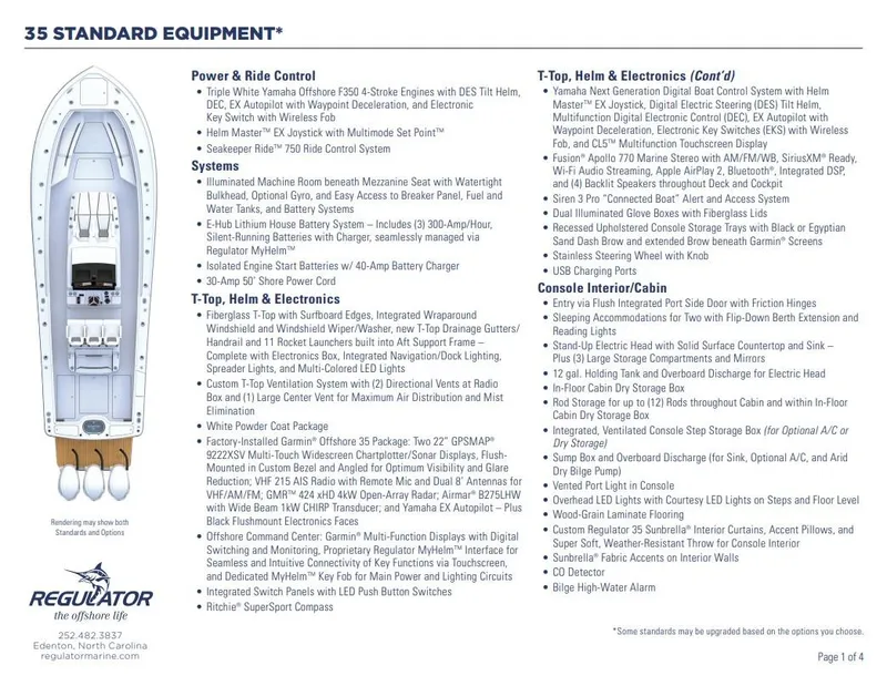 Slide: The Image of 2025 Regulator 35 standard equipment list with detailed specifications and features overview. - 15