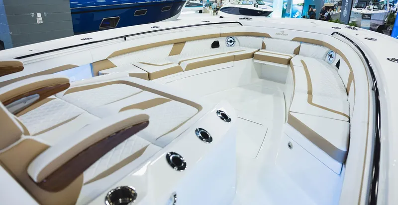 Slide: The Image of 2025 Regulator 35 boat interior with luxurious seating and modern design. - 4