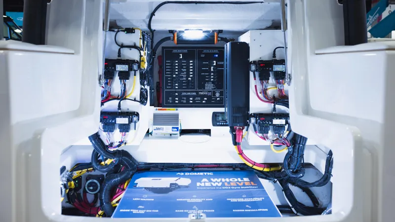 Slide: The Image of Electrical system of 2025 Regulator 35 boat, showcasing wiring and control panel. - 6