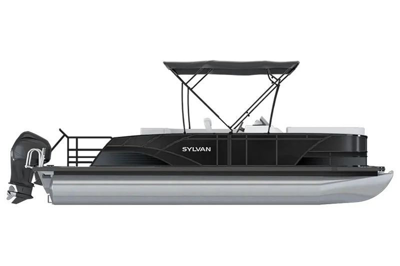 Slide: The Image of 2023 Sylvan L5 DLZ Bar pontoon boat, side view, black exterior, with canopy. - 21