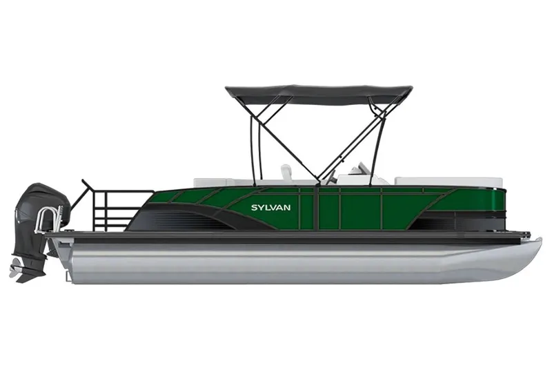 Slide: The Image of 2023 Sylvan L5 DLZ Bar pontoon boat with green exterior and canopy. - 26