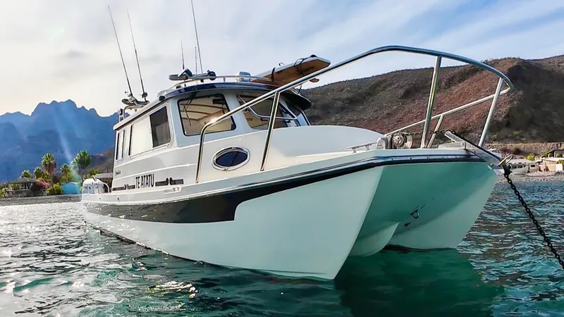 Slide: The Image of 2009 C-Dory TOMCAT 255 boat anchored in scenic waters with mountainous backdrop. - 66