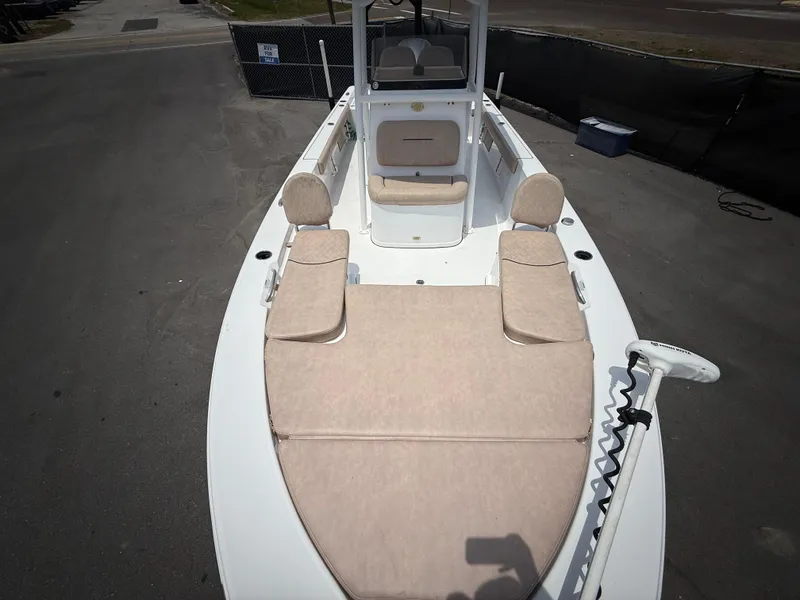 Slide: The Image of 2020 Sportsman Masters 247 Bay Boat with beige seating and spacious deck. - 38