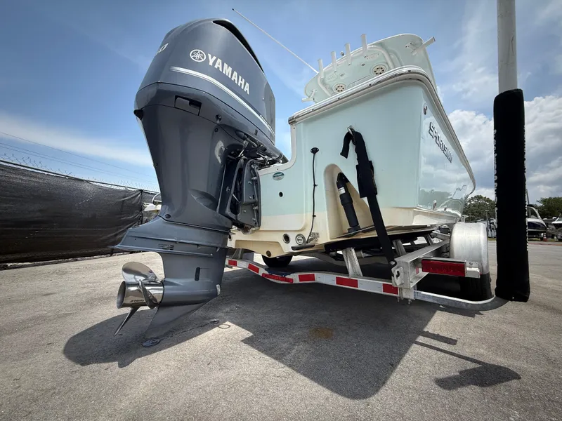 Slide: The Image of 2020 Sportsman Masters 247 Bay Boat on trailer with Yamaha outboard motor. - 5