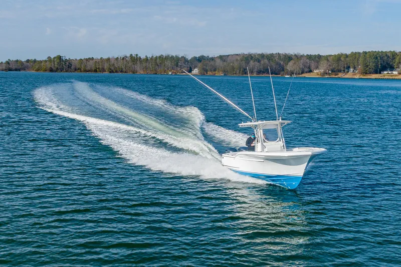 Slide: The Image of 2005 Buddy Davis 28 boat cruising on open water. - 10