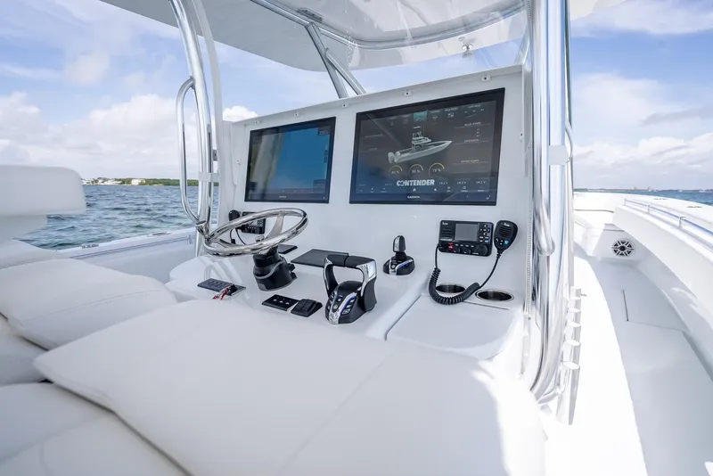 Slide: The Image of 2025 Contender 44 ST boat cockpit with advanced navigation screens and controls. - 36