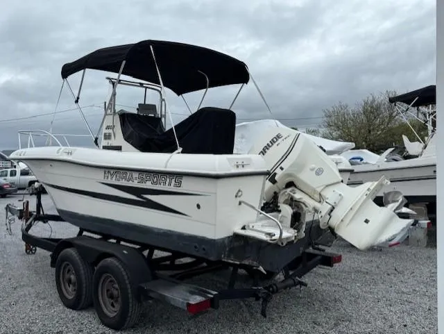 Slide: The Image of 1994 Hydra-Sports 2000 CC boat on trailer, featuring Evinrude outboard motor, under cloudy sky. - 2