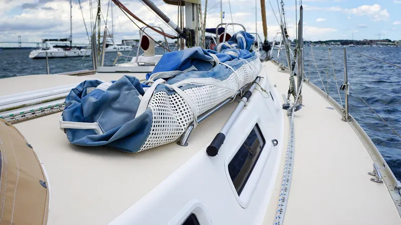 Slide: The Image of 2001 J Boats J/42 sailboat deck with sail, ocean view in background. - 10