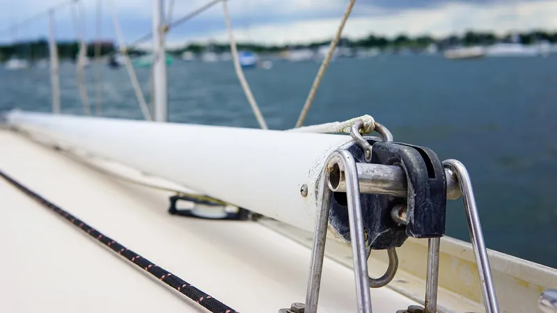 Slide: The Image of Close-up of a 2001 J Boats J/42 sailboat deck with rigging details. - 13