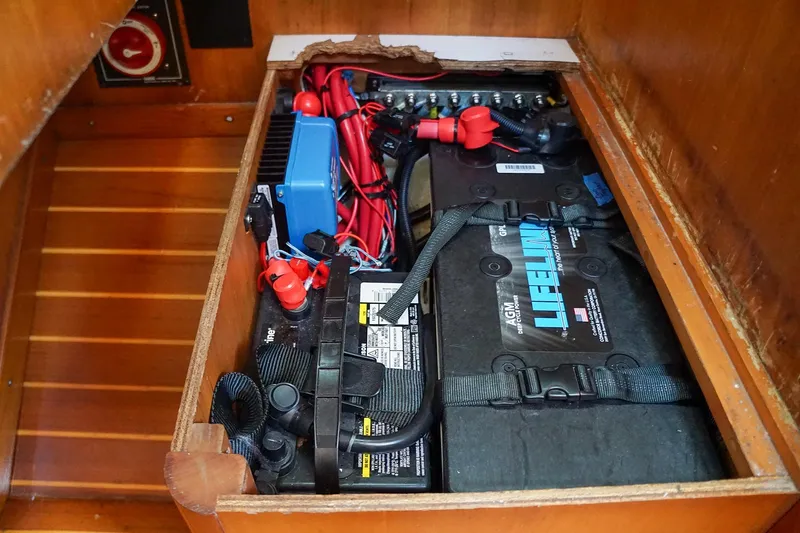 Slide: The Image of Battery compartment of a 2001 J Boats J/42 sailboat with Lifeline AGM battery. - 32