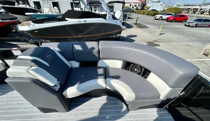 Slide: The Image of 2025 Berkshire 23UL STS 3.0 boat with stylish gray seating on deck. - 7