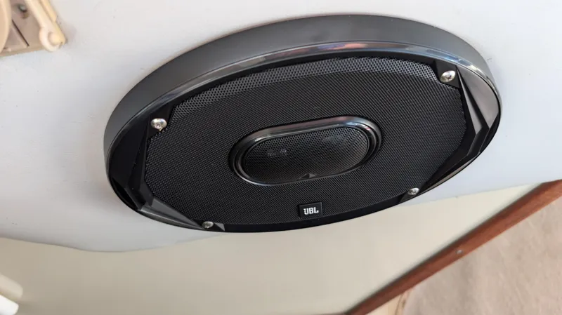 Slide: The Image of JBL speaker installed on 1987 Sea Ray 390 Express Cruiser ceiling. - 42