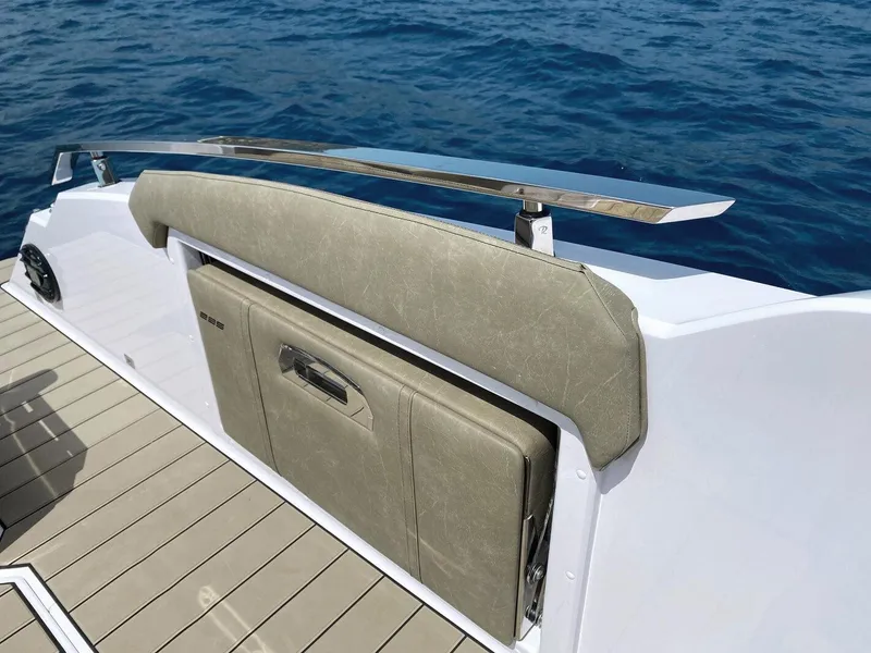 Slide: The Image of 2025 Ranieri NEXT 285 XL boat deck with cushioned seating and ocean view. - 17