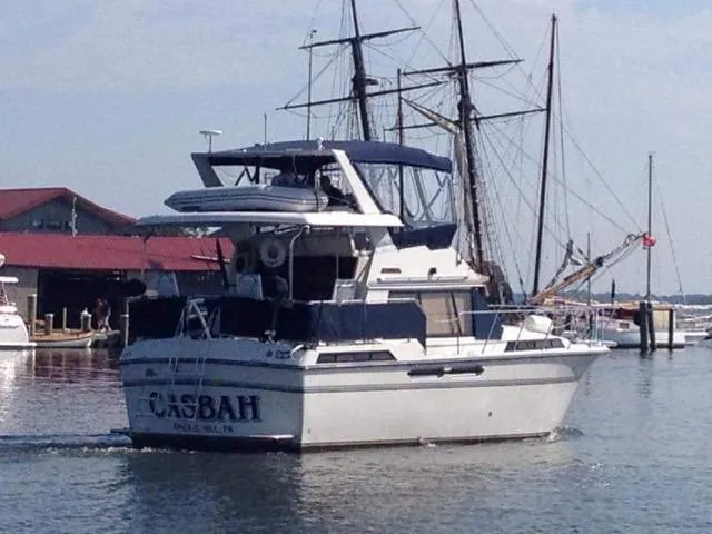 Slide: The Image of 1988 President 37 Sundeck yacht docked near historic ships and waterfront buildings. - 7