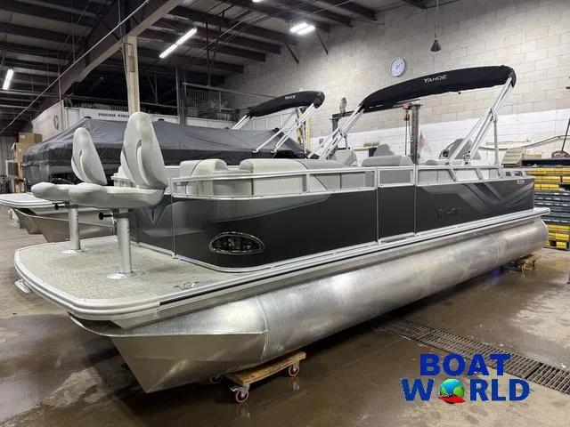 Slide: The Image of 2025 Tahoe Sport 23' Fish & Cruise pontoon boat in showroom, featuring Honda 4-Stroke EFI. - 43