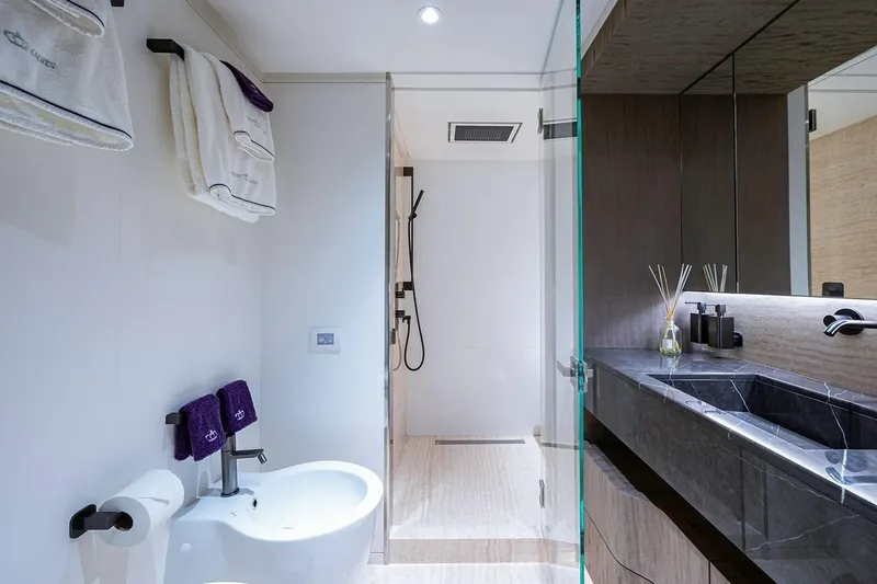 Slide: The Image of Luxurious bathroom on 2020 Majesty motor yacht, featuring modern fixtures and elegant design. - 19
