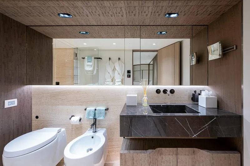 Slide: The Image of Luxurious bathroom on 2020 Majesty motor yacht, featuring modern fixtures and elegant design. - 21